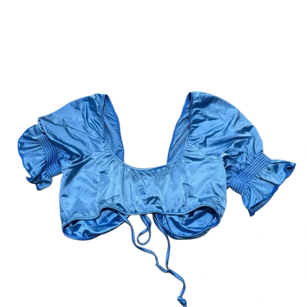 FRANKIE’S BIKINIS x Naomi Osaka Blue Carly Ruffle Tie Front Bikini Swim Top